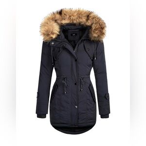 Nutexrol Women's Black Parka with Faux Fur Hood sz L